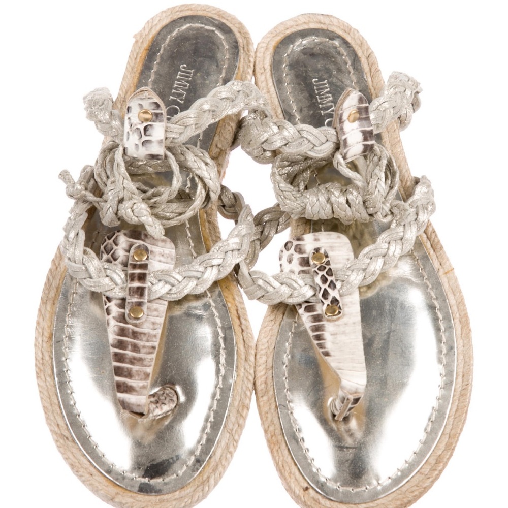 Jimmy Choo Silver Braided Leather Thong Sandals